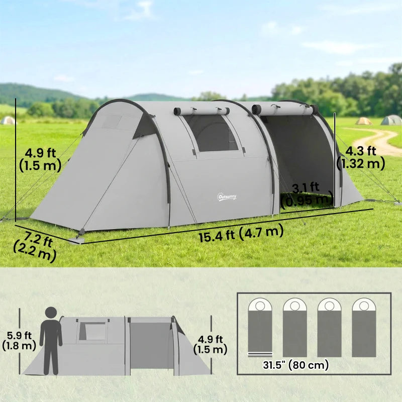 Outsunny 3-4 Person Camping Tent with 2 Rooms, 3000mm Waterproof Family Tunnel Tent with Carry Bag – Grey