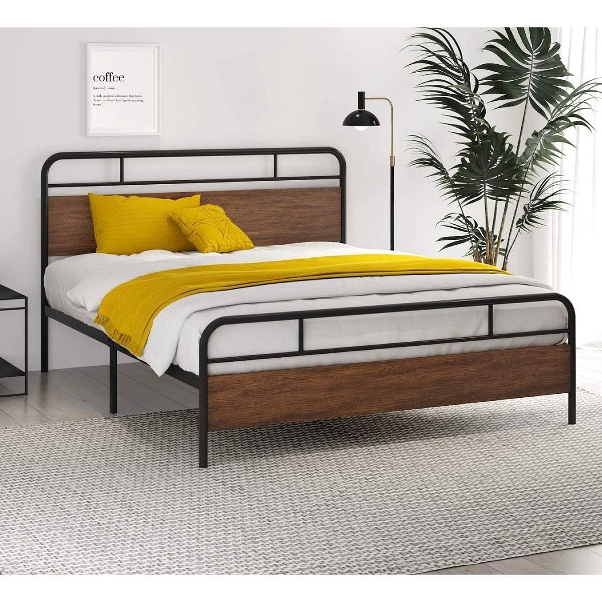 Full Size Industrial Metal Wood Platform Bed Frame with Headboard and Footboard - Free Shipping