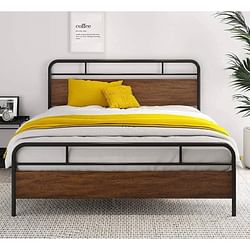 Full Size Industrial Metal Wood Platform Bed Frame with Headboard and Footboard - Free Shipping