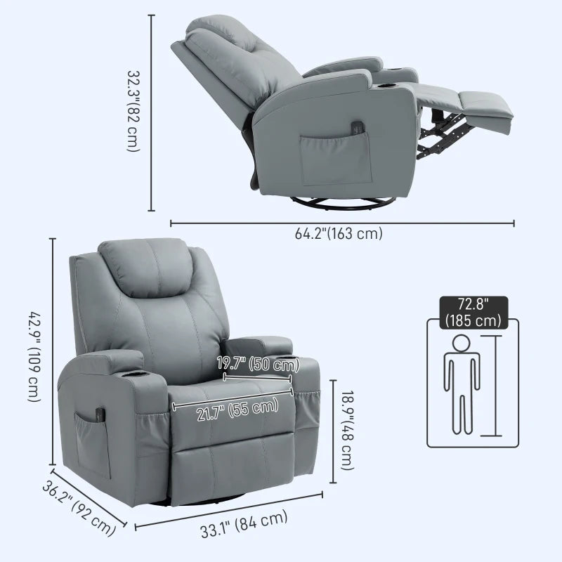Massage Recliner Chair Leather Swivel Rocker Manual Reclining Chair with 8 Vibration Points, Cup Holders, Light Grey
