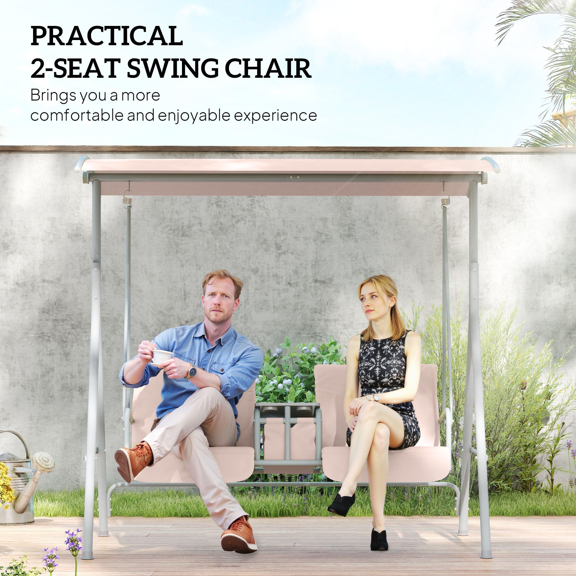 Outsunny Double Outdoor Swing Chair 2 Person Covered Swing Porch Swing w/ Pivot Table and Storage Console, Beige 