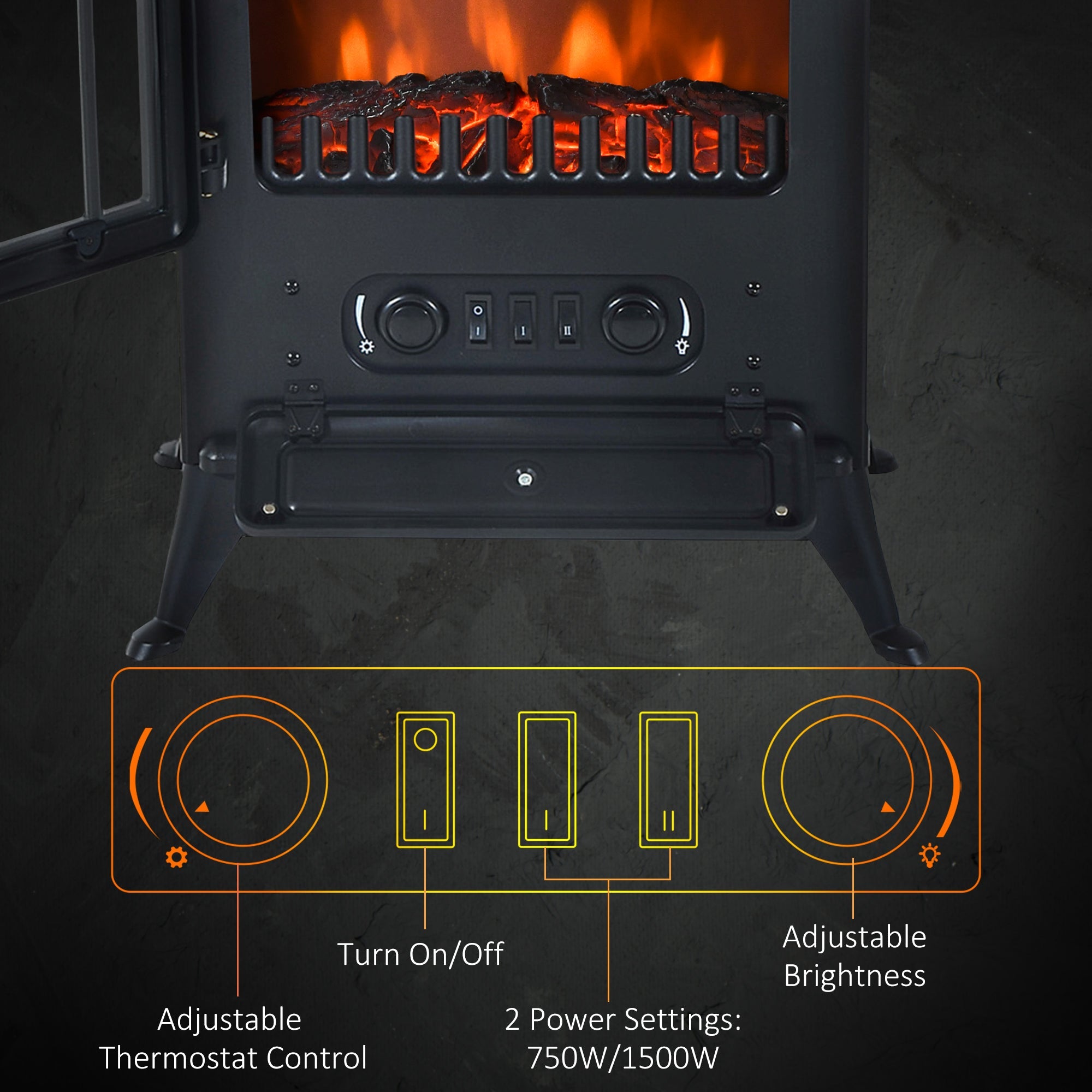 HOMCOM 16" Freestanding Electric Fireplace Heater Fire Stove with Wood Burning Flame 750/1500W Black 