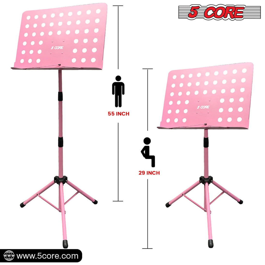 5Core Adjustable Music Stand for Sheet Music Portable Tripod Folding Note Holder Pink