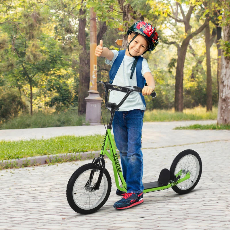 Aosom Kids Kick Scooter for 5+ Year Old, Kids Ride on Toy w/ 16'' Inflatable Wheel Dual Brakes, Green