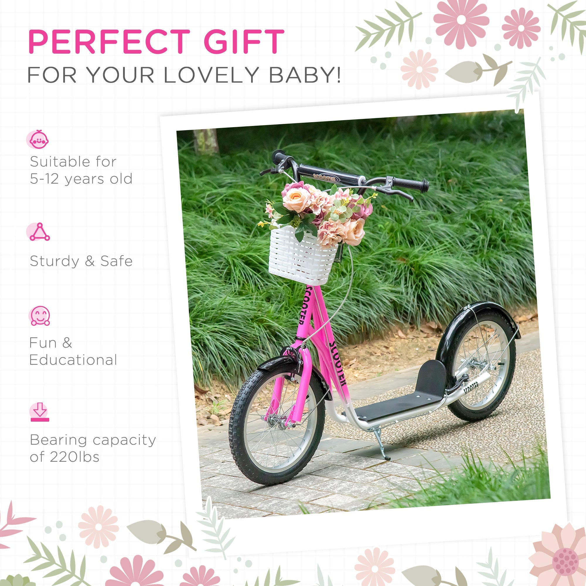 Aosom Kick Scooter for Kids Teens with Adjustable Handlebar Dual Brakes 16" Inflatable Rubber Tyres Outdoor Fun Pink 