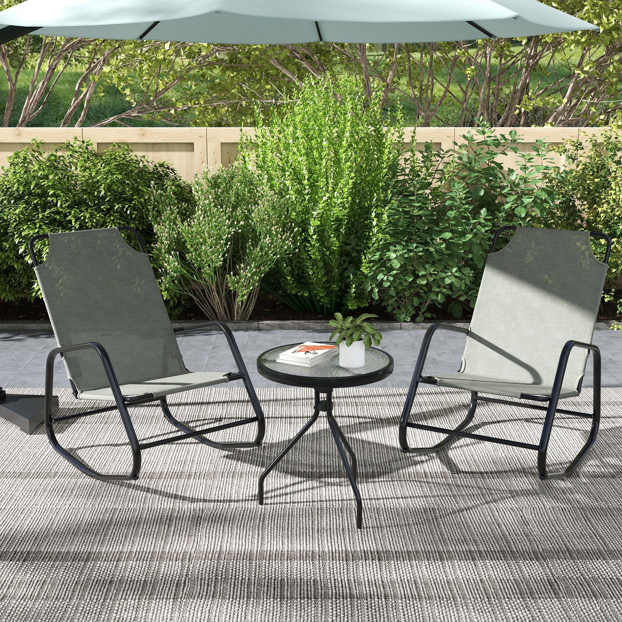 Outsunny Patio Rocking Chairs Set of 2, 3 Pieces Patio Bistro Set with Metal Frmae, Breathable Mesh Fabric Seat for Garden, Deck, Grey 