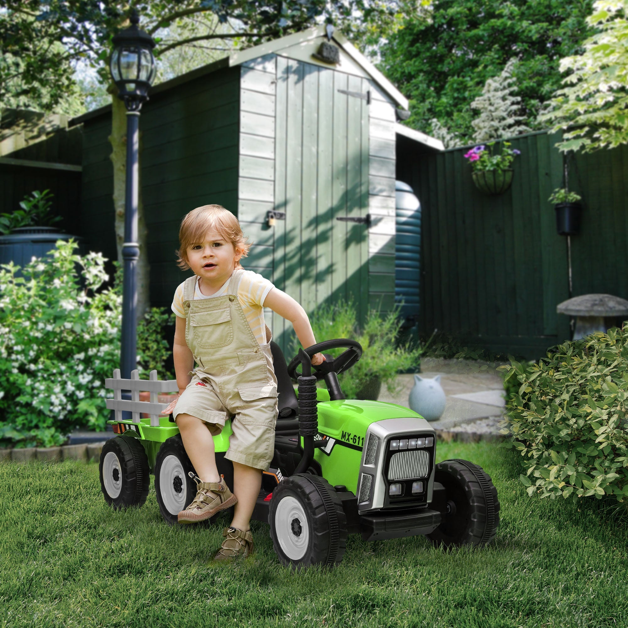 Aosom 12V Electric Tractor for Kids - Ride-On with Trailer, Battery Powered, Remote Control, Music, Start-Up Sound & Horn, Green 