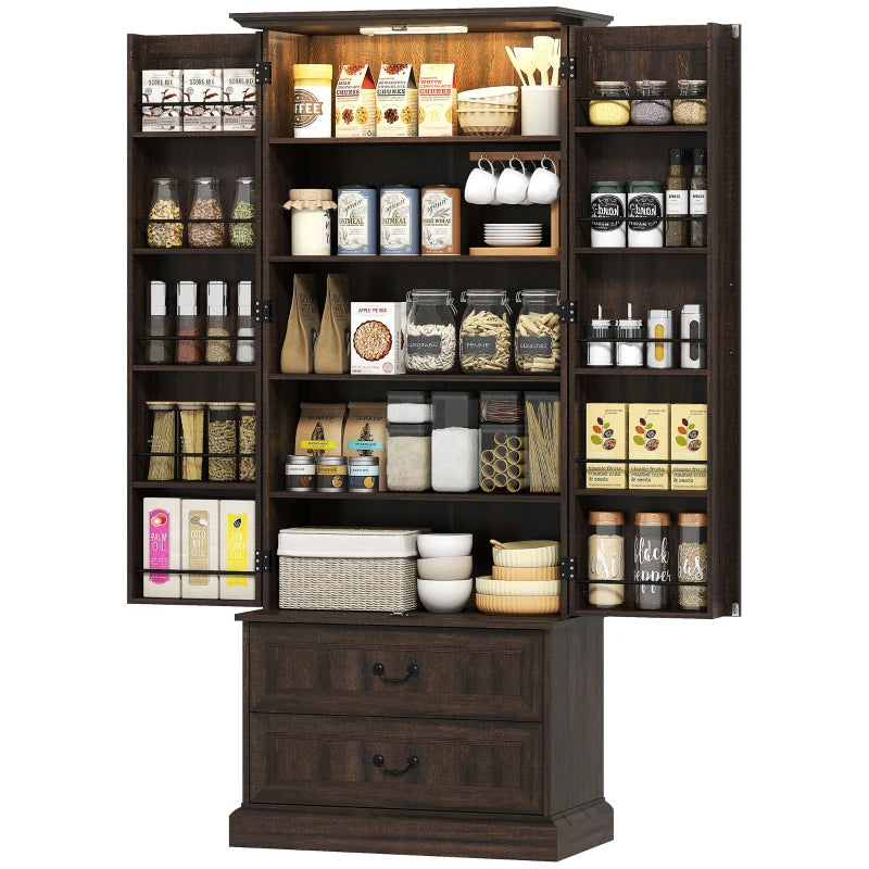 72" LED Kitchen Pantry Cabinet, Buffet Storage Cabinet with 10 Door Shelves, 2 Drawers and Adjustable Shelves, Brown