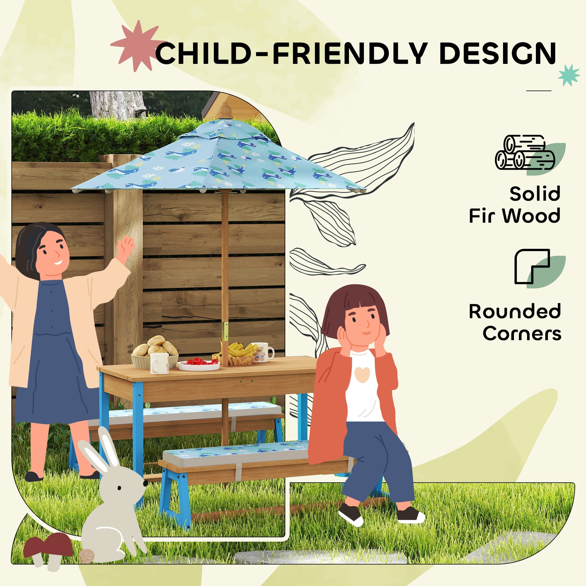 Qaba Kids Picnic Table and Bench Set with Removable Umbrella, Cushions & Boxes, Dinosaur Theme for Outdoor, Blue 