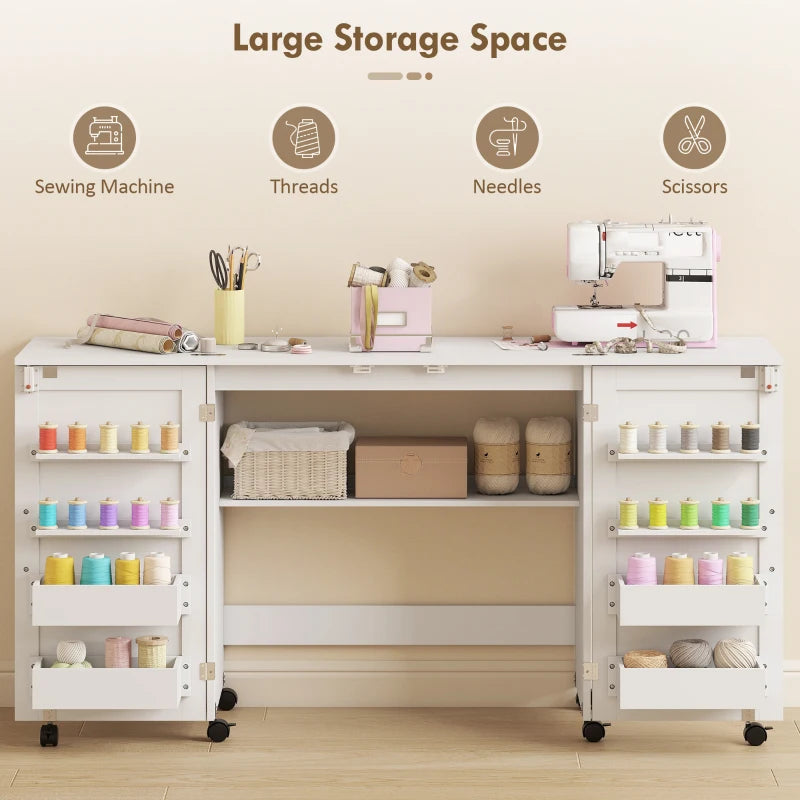 Folding Craft Table, Rolling Sewing Machine Table with Magnetic Doors, Bins, Pegs, Storage Shelf, Lockable Wheels, White