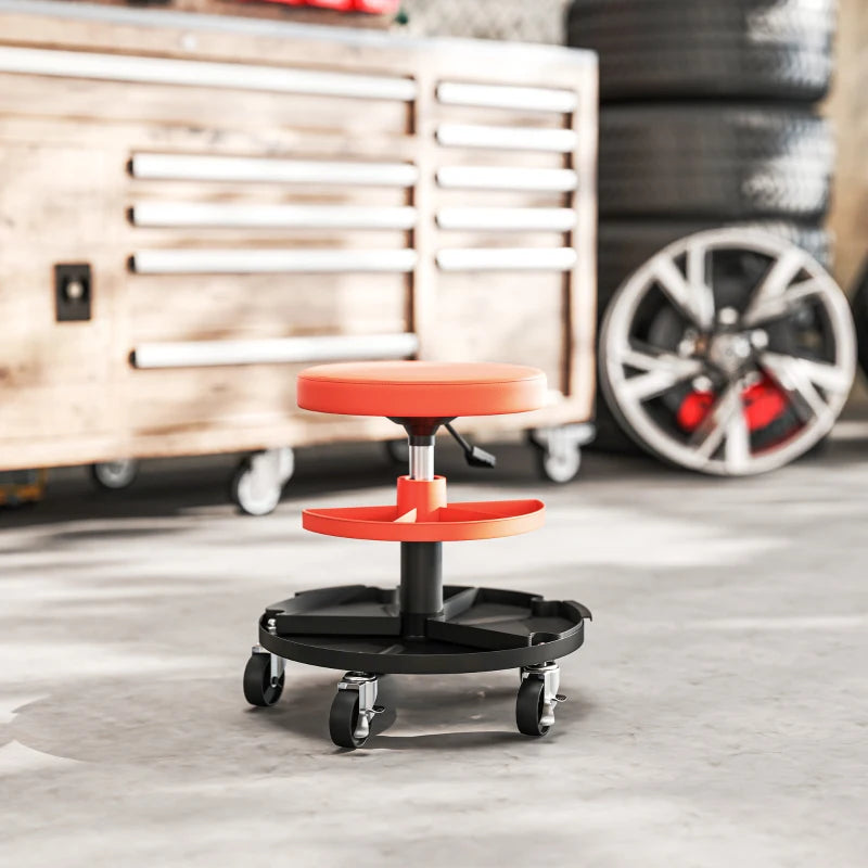 Rolling Garage Stool, 300 LBS Capacity Mechanic Stool with 2.5" Wheels, Tool Trays Storage, Adjustable Height, Orange