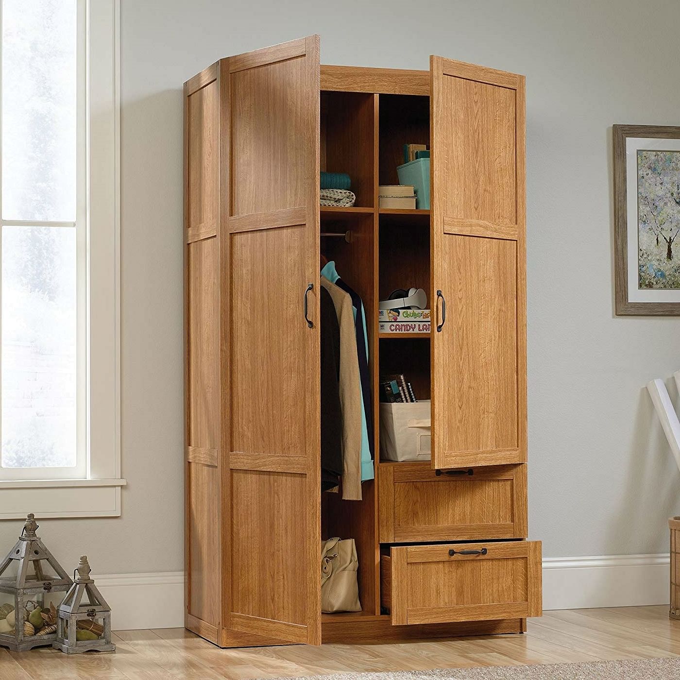 Bedroom Wardrobe Cabinet Storage Closet Organizer in Medium Oak Finish - Free Shipping