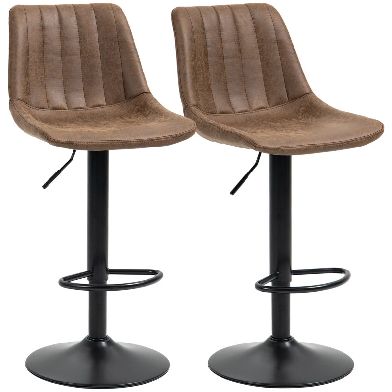Adjustable Bar Stools Set of 2, Leathaire Swivel Barstools with Back and Footrest, Upholstered Bar Chairs for Kitchen, Dining Room, Home Pub, Brown