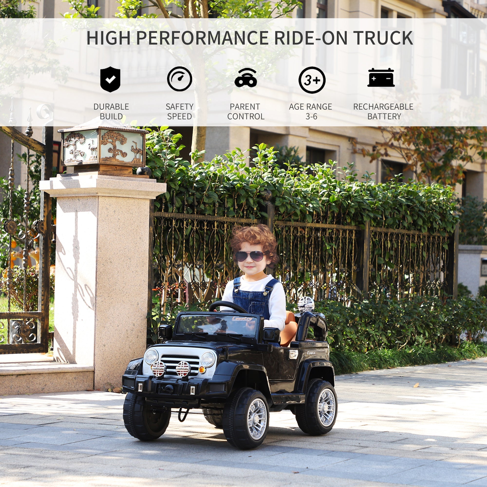 Aosom 12V Kids Electric Ride-On Truck Car Toy with Remote Control Lights MP3 LCD Indicator Black 