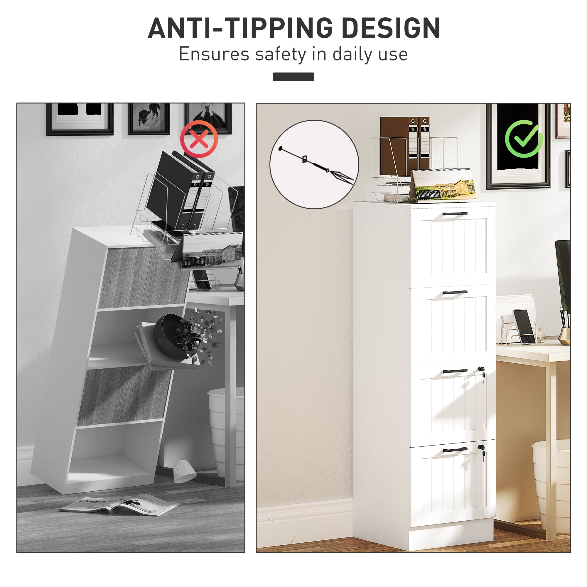 HOMCOM 4 Drawer Filing Cabinet with Lock, Office Storage Cabinet with Adjustable Hanging Bars for A4 Letter Size Files, White 