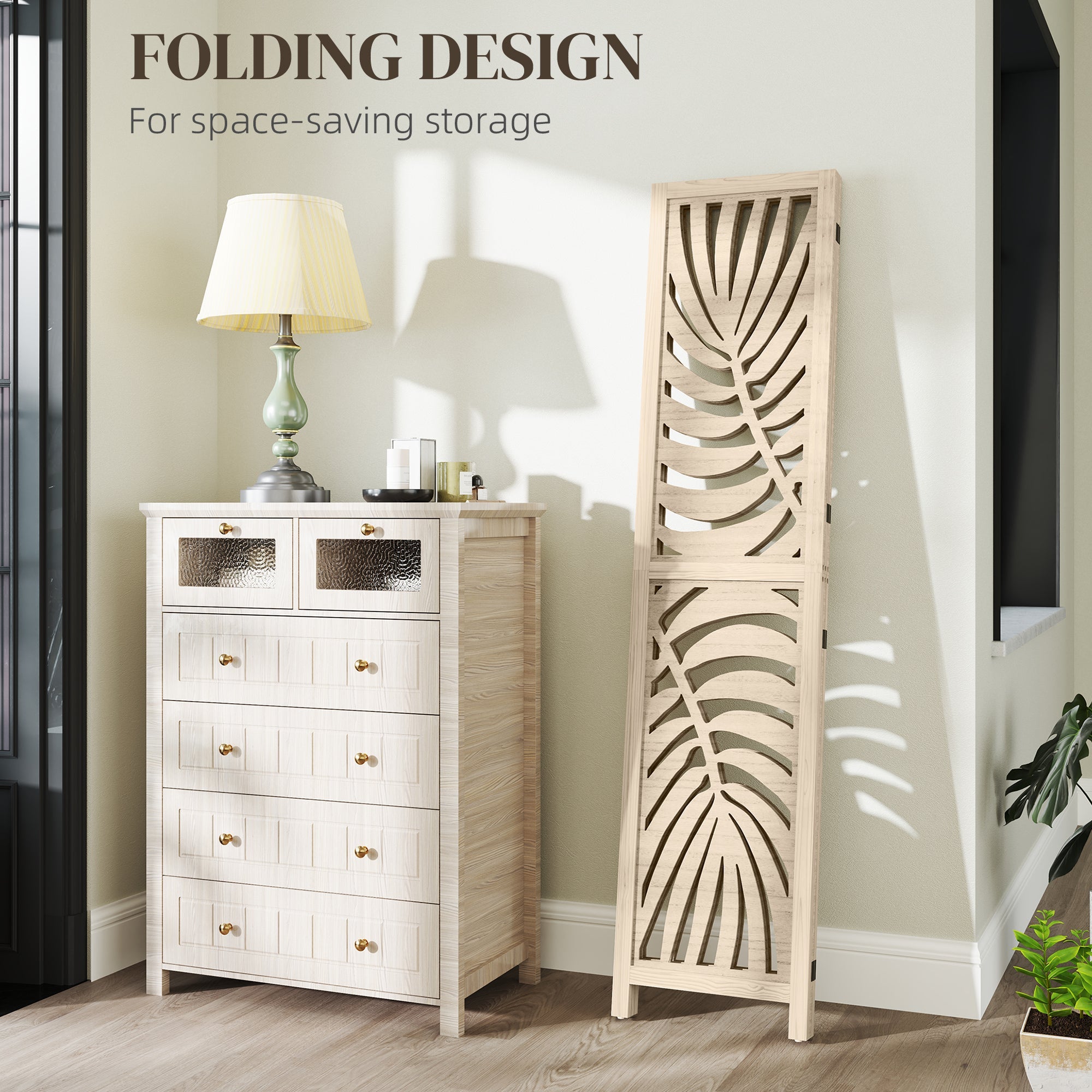 HOMCOM 3 Panel Room Divider, Detachable Folding Privacy Screens with Palm Leaf Design for Home Office, Natural Wood Finish 