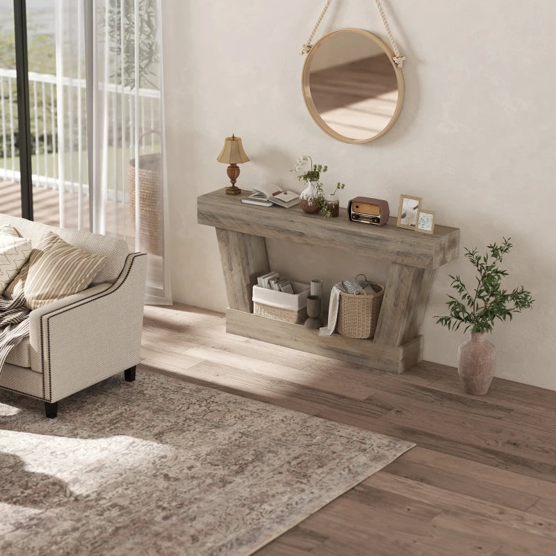63 Inch Vintage Console Table, Narrow Entryway Table with Open Shelf for Living Room, Light Brown