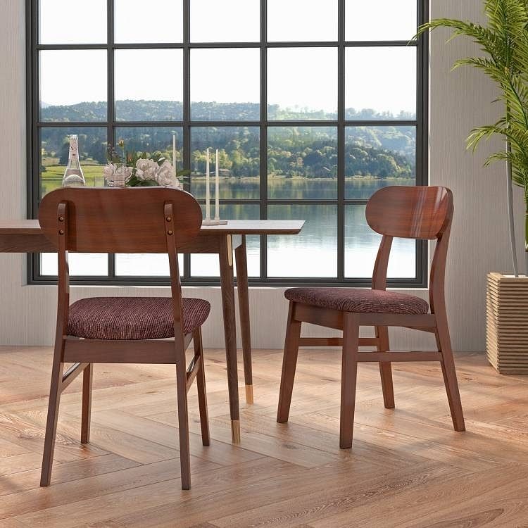 Set of 2 Modern Mid-Century Brown Wood Dining Chair with Padded Linen Seat - Free Shipping 