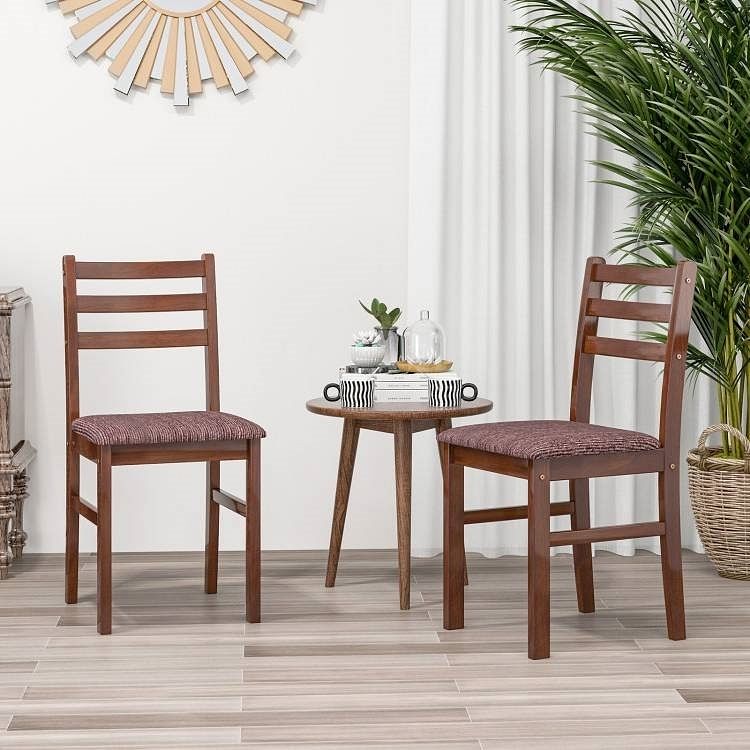 Set of 2 Modern Mid-Century Wood Dining Chairs with Linen Upholstered Seat - Free Shipping