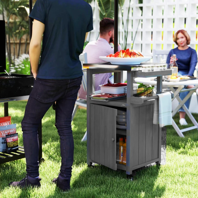 Grill Table with Stainless Steel Top, Pizza Oven Table with Storage Cabinet, Spice Rack, Wheels, Handle, Dark Grey