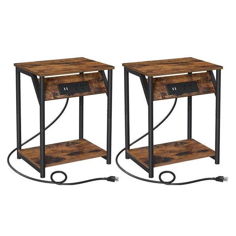 Set of 2 Nightstand End Tables with Charging Station – Features 2 USB Ports