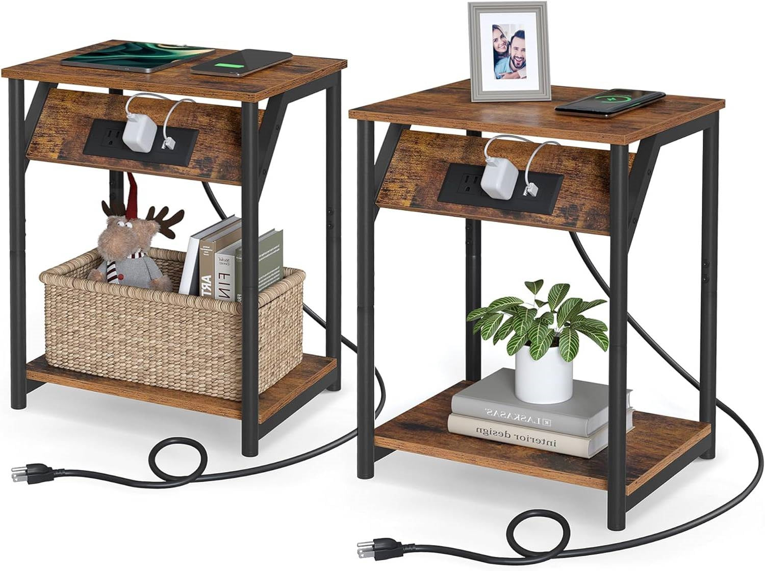 Set of 2 Nightstand End Tables with Charging Station – Features 2 USB Ports