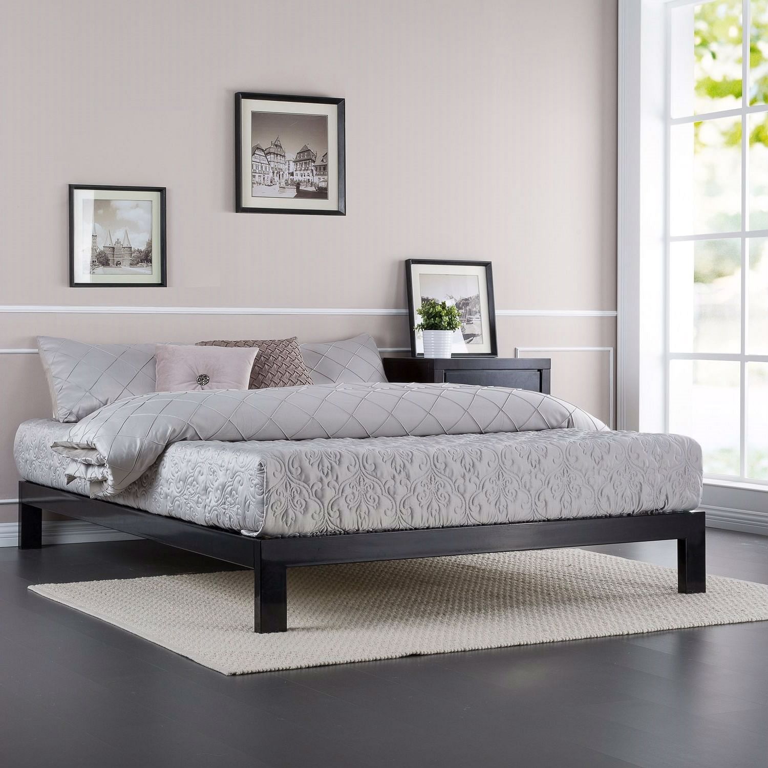 Queen Modern Black Metal Platform Bed Frame with Wooden Slats - Free Shipping