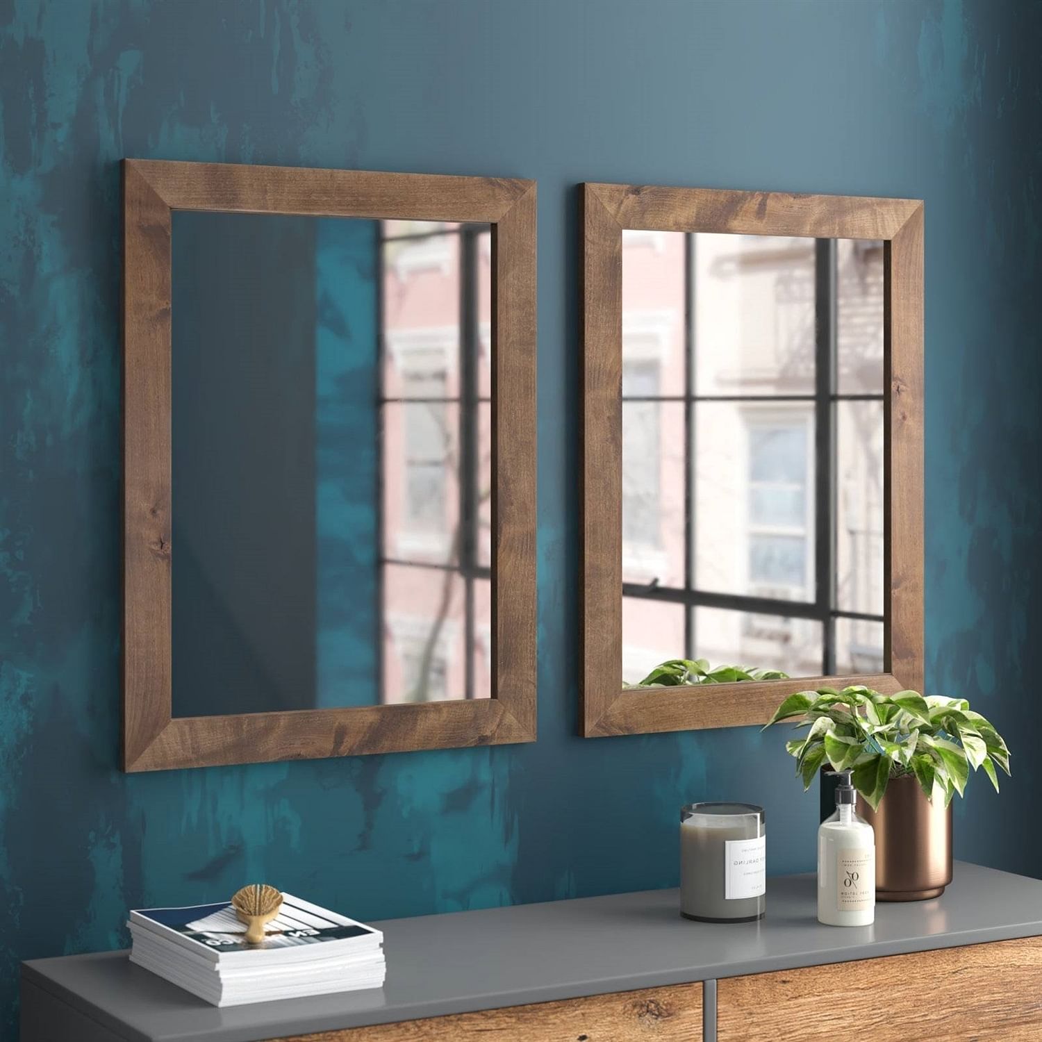 Set of 2 Modern Farmhouse Mirror Set Distressed Brown Wood Frame 31 x 24 inch - Free Shipping