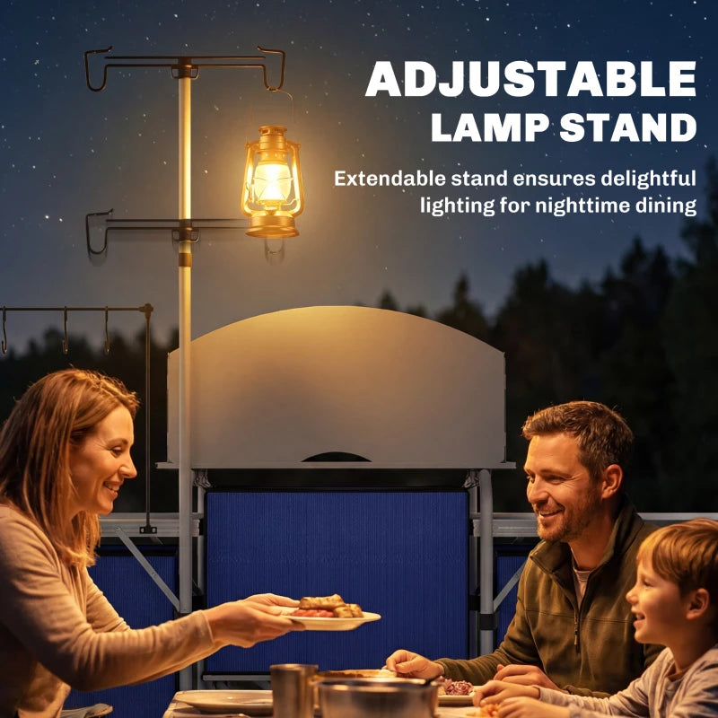 Aluminum Camping Kitchen, Portable Folding Camping Table with Fabric Cupboards, Windshield, Bag for BBQ, Picnic, Blue