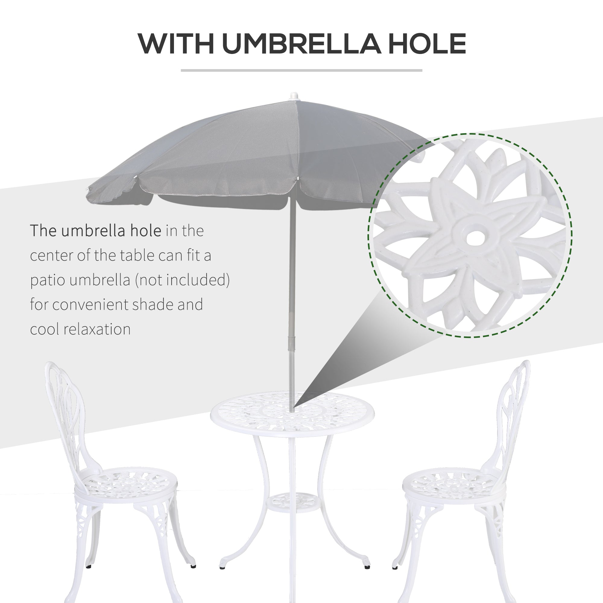 Outsunny 3-Piece Cast Aluminum Patio Bistro Set, Outdoor Table and Chairs with Umbrella Hole, Elegant Design, White 