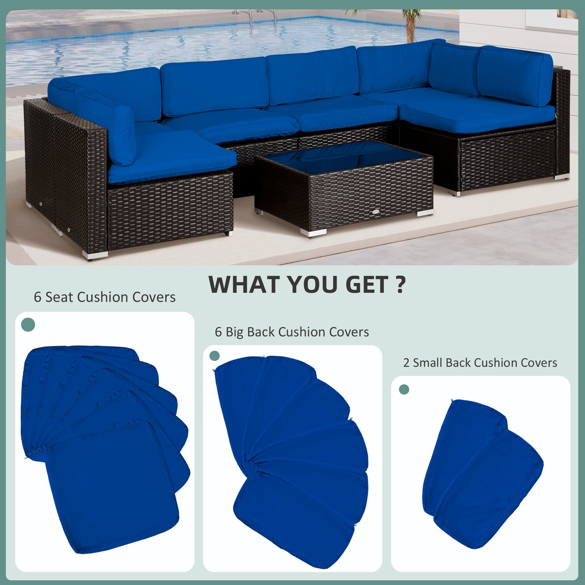 Outsunny Outdoor 14pc Patio Rattan Sofa Set Cushion Polyester Cover Replacement Set - No Cushion Included Light Blue 