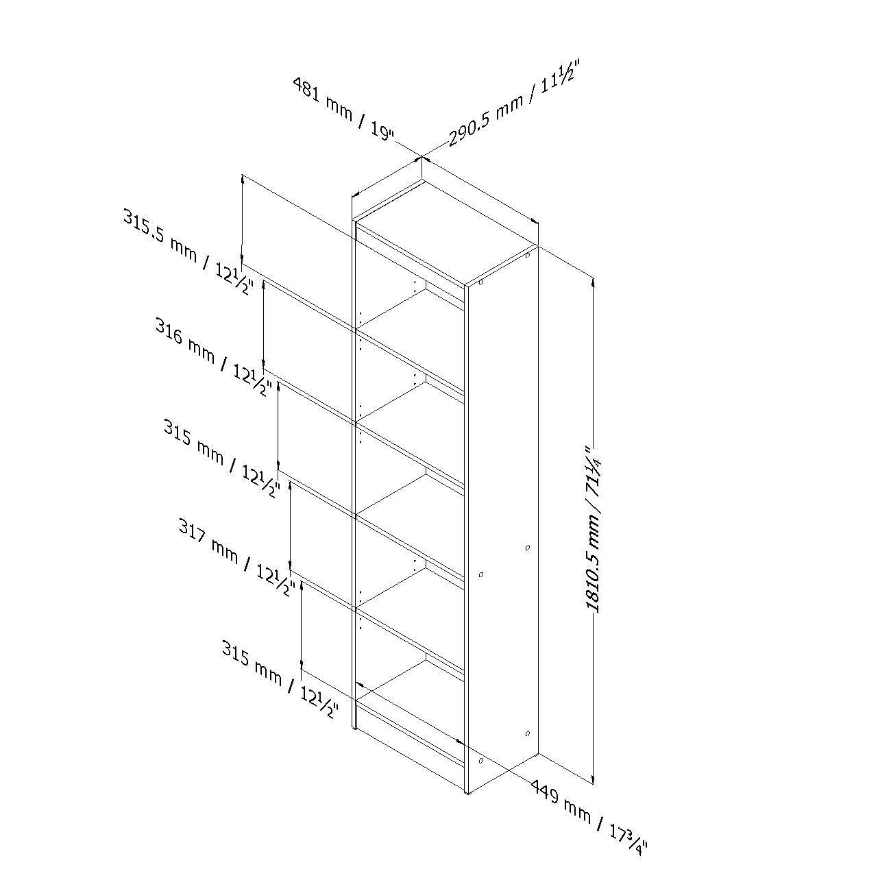 5-Shelf Narrow Bookcase Storage Shelves in White Wood Finish - Free Shipping