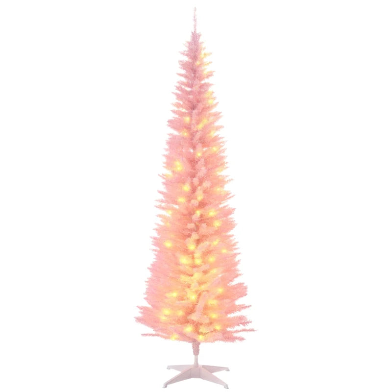 HOMCOM 6ft Pre-Lit Pencil Christmas Tree with Warm White LED Lights – Pink
