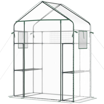 Outsunny 3-Tier Mini Greenhouse, Walk-in Greenhouse, Garden Hot House with 4 Shelves, Roll-Up Door, Mesh Windows, Trellis and Plant Labels, 56" x 29" x 77", Clear 