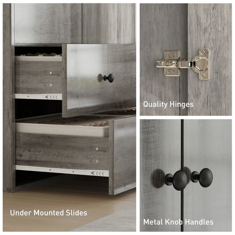 Modern Wardrobe Closet Armoire with 2 Drawers and Hanging Rod, Clothes Storage Organizer for Bedroom, Grey