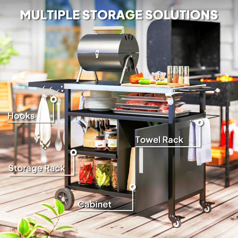 Outdoor BBQ Stand with Foldable Side Table, Stainless Steel Top, Pizza Oven Table with Wheels Hooks Shelves