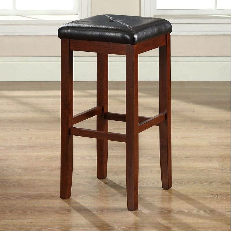 Set of 2 Vintage Mahogany Stools with Black Upholstered Seat - Free Shipping 