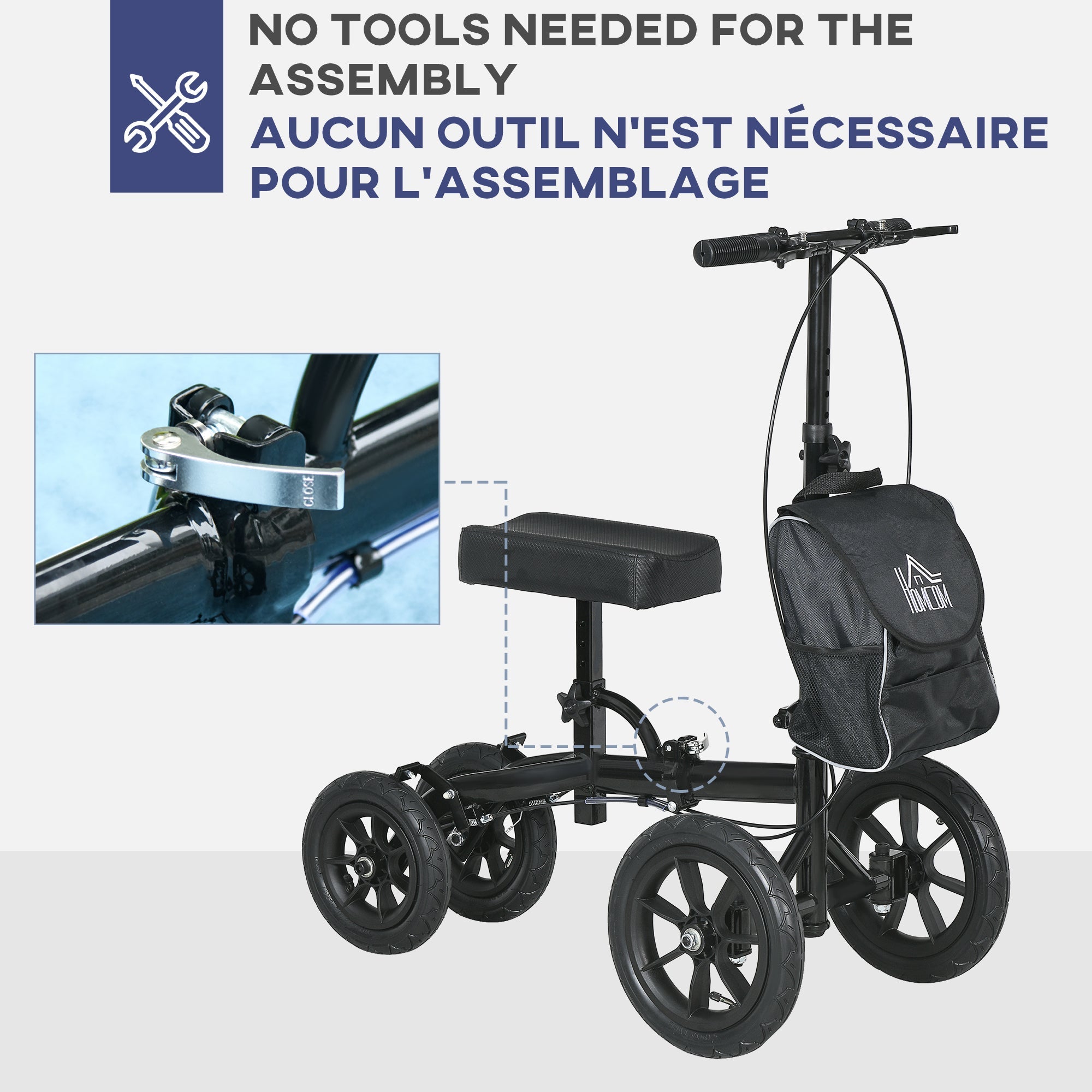 HOMCOM Knee Walker Steerable Scooter Foldable Crutch Alternative Dual Brakes Rubber Wheels Adjustable Height Black 