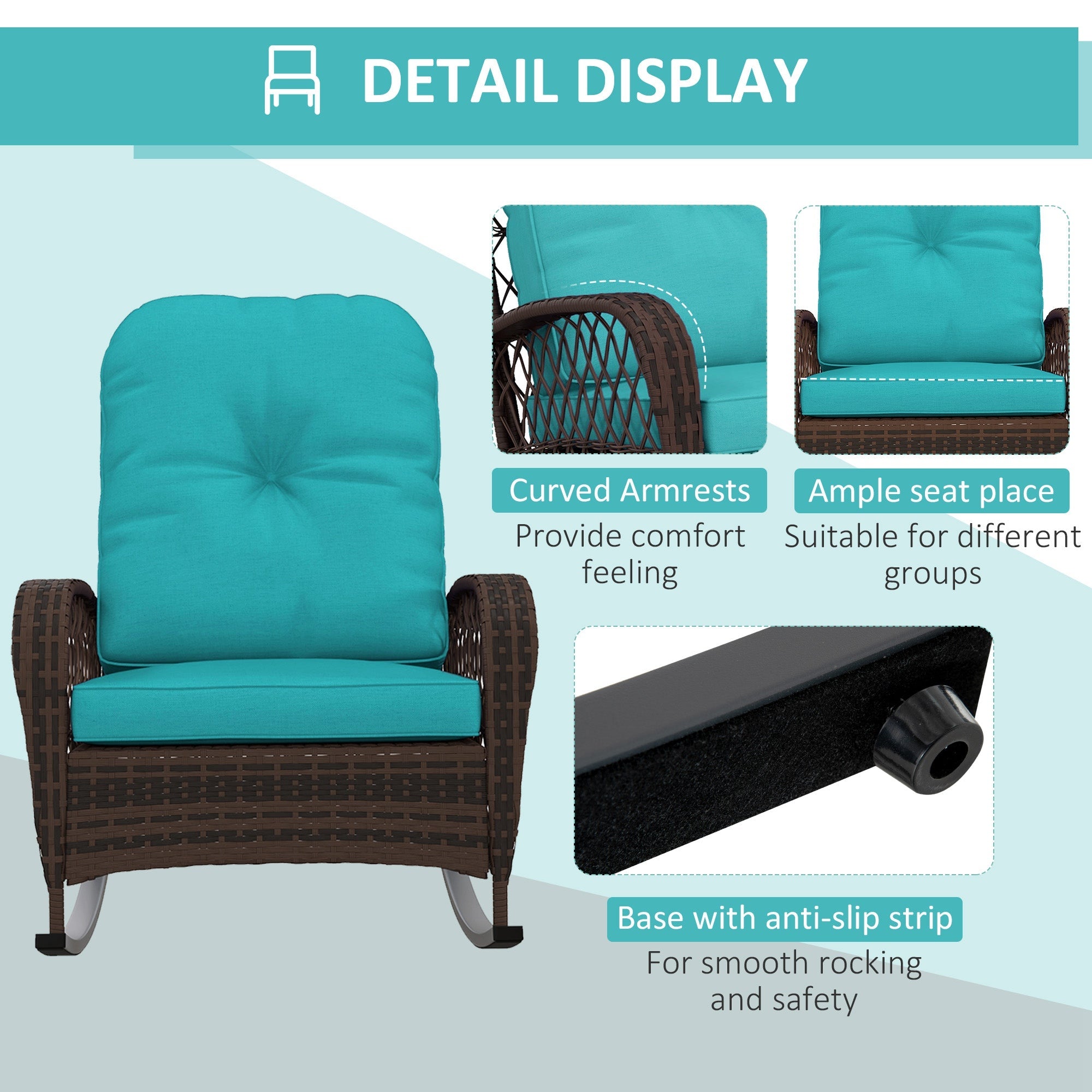 Outsunny Outdoor Wicker Rattan Rocking Chair Patio Rocker with Thick Cushions for Garden Backyard Porch, Turquoise 