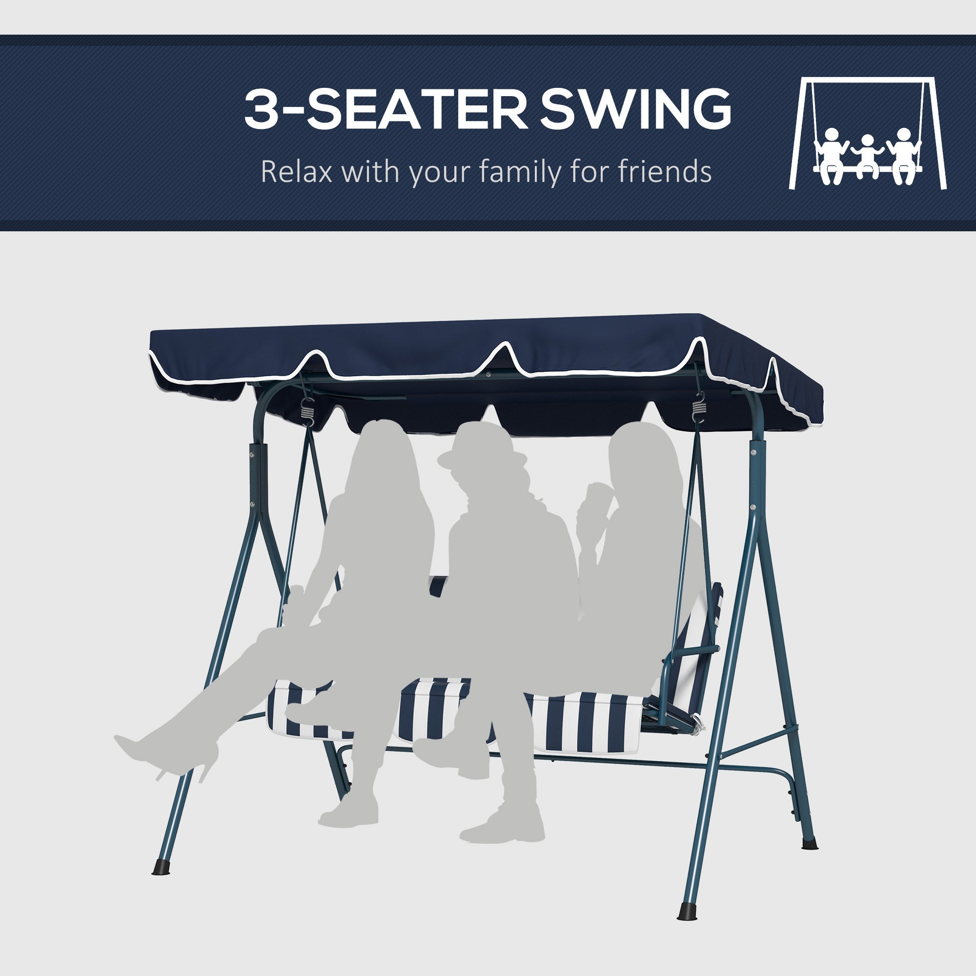 Outsunny 3-Seater Outdoor Porch Swing with Adjustable Canopy, Patio Swing Chair for Garden, Poolside, Backyard, Blue and White 