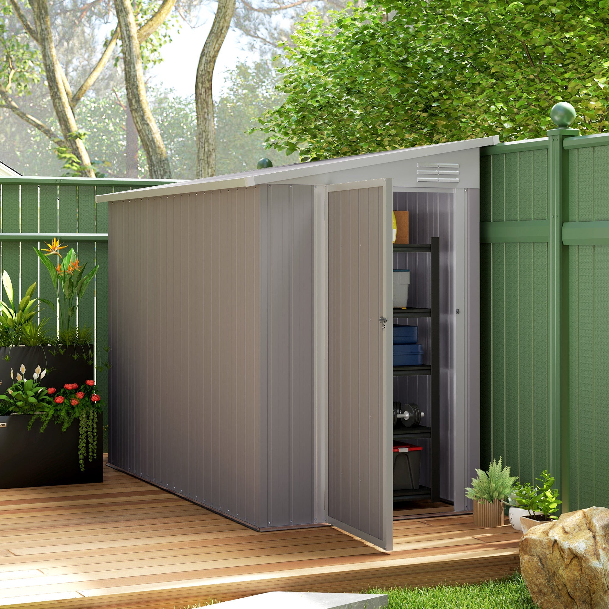 Outsunny 4 x 8ft Outdoor Storage Shed with Lockable Door & Ventilation System for Lawn Equipment, Light Grey 