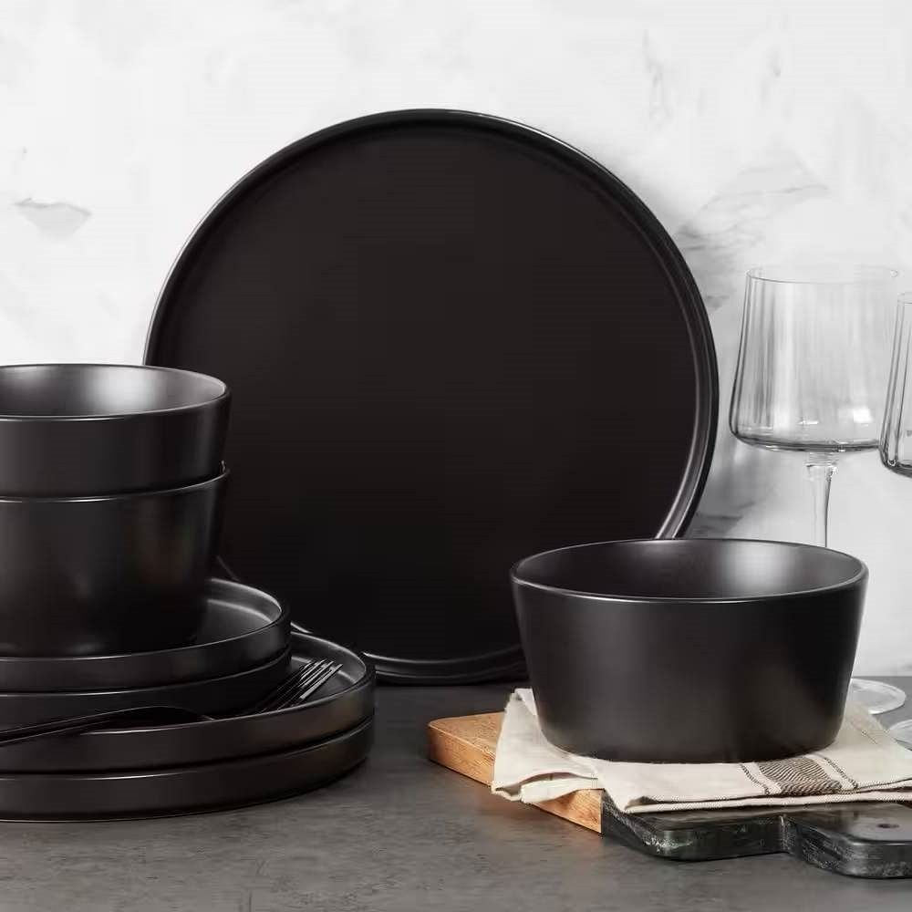 16-Piece Stoneware Dinnerware Set in Matte Black - Service for 4 - Free Shipping