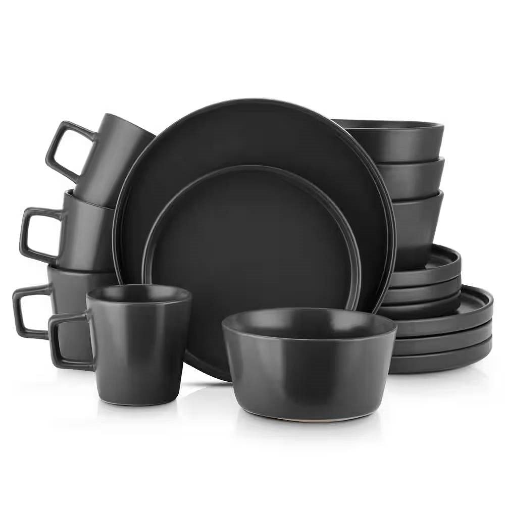 16-Piece Stoneware Dinnerware Set in Matte Black - Service for 4 - Free Shipping