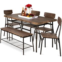 Modern 6-Piece Dining Set with Brown Wood Top Table 4 Chairs and Storage Bench - Free Shipping 