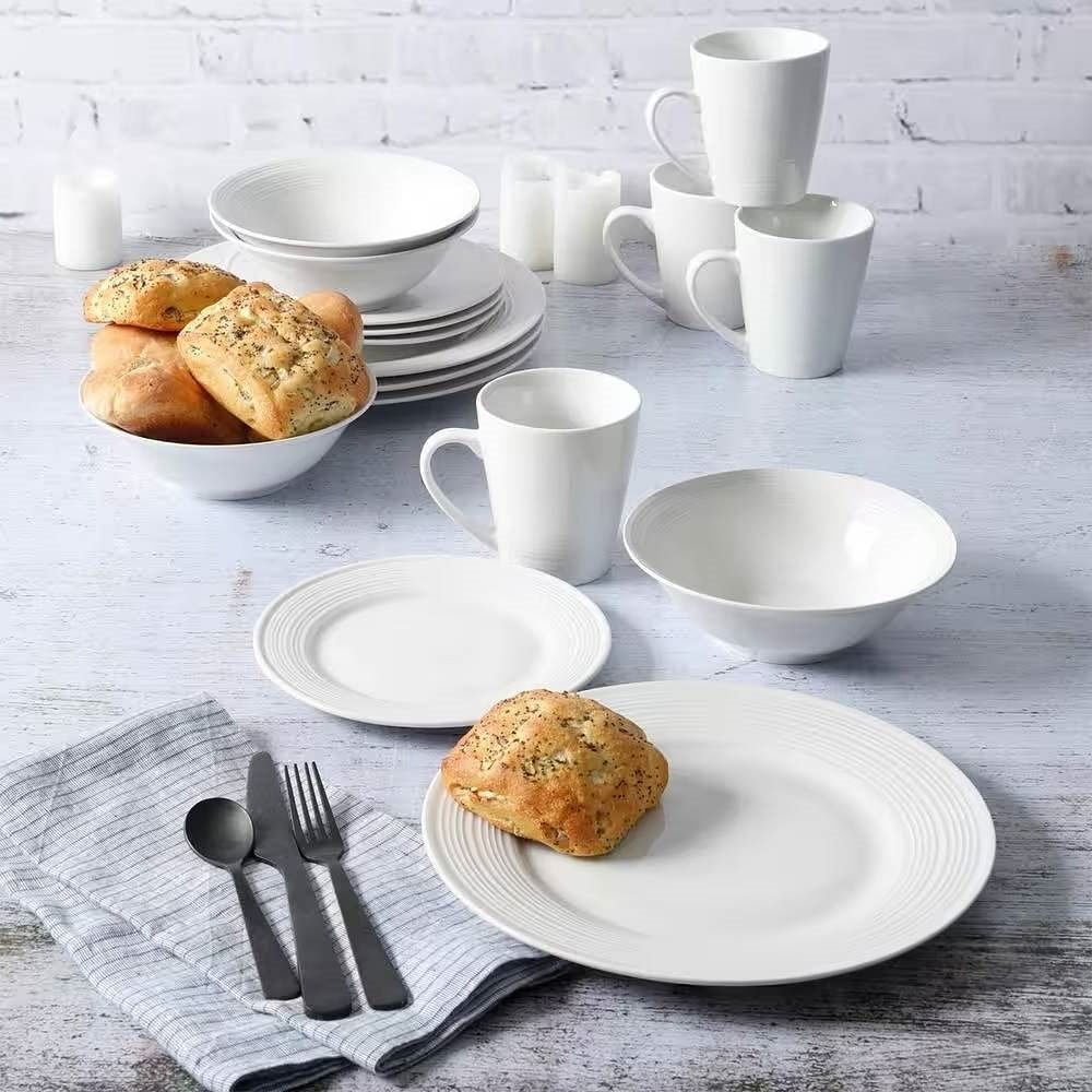 16-Piece White Ceramic Dinnerware Set w/ Bowls Plates and Mugs - Service for 4 - Free Shipping