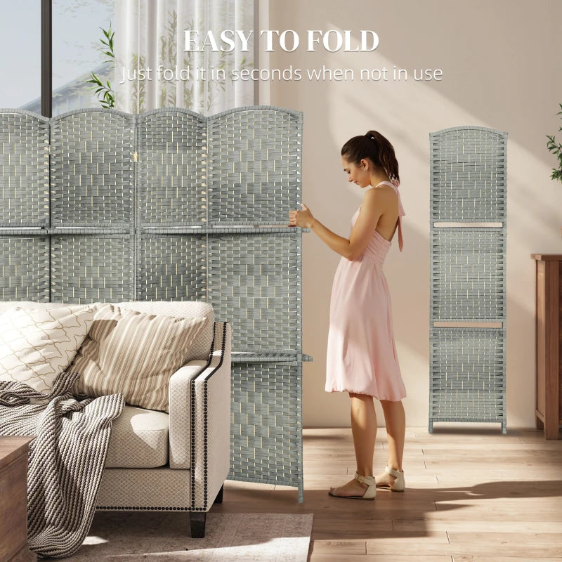 6 FT Privacy Screen, 6 Panel Room Divider with Shelves for Living Room Bedroom Home Office, Grey