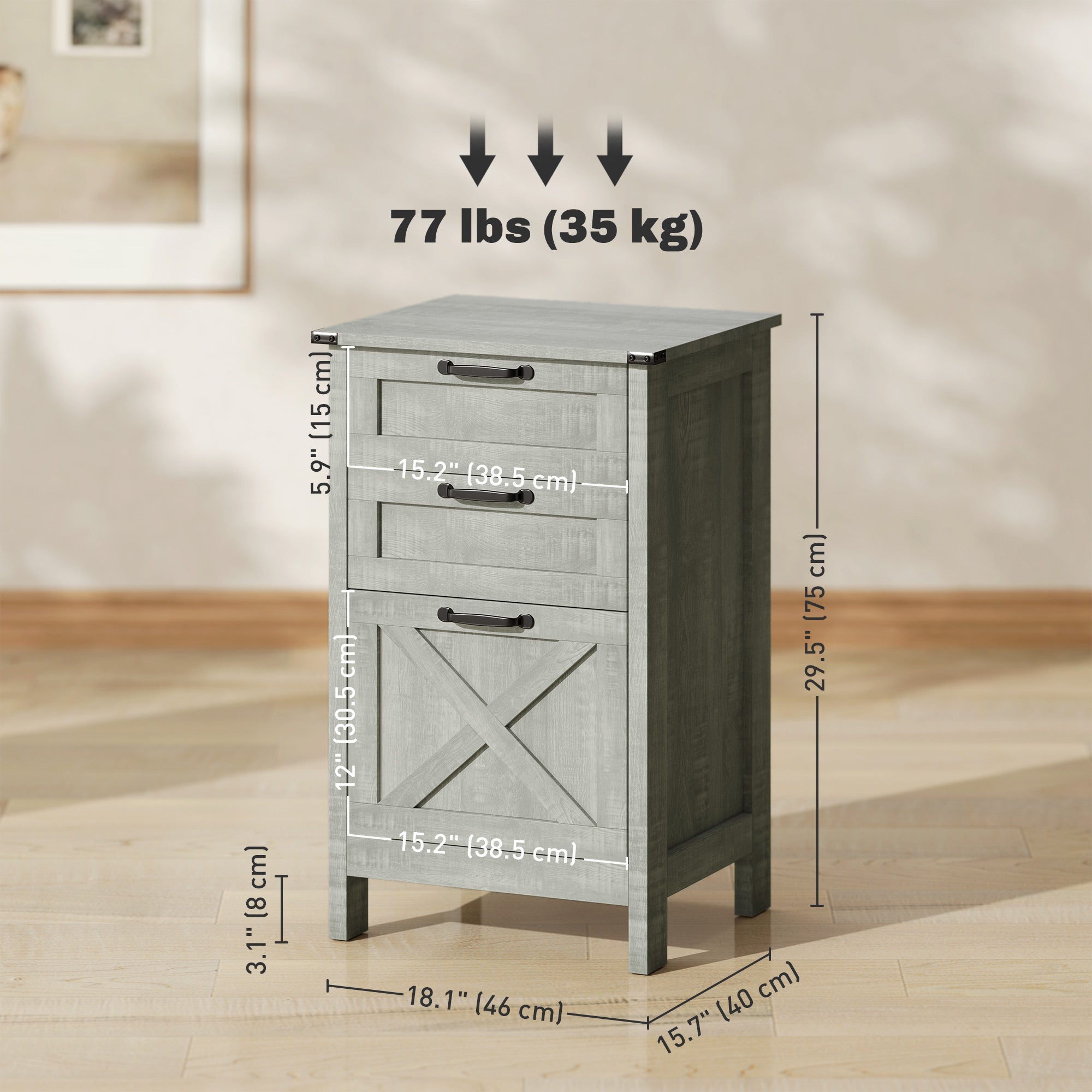 HOMCOM Vertical Filing Cabinet with 3 Drawers, Rustic Farmhouse Office Storage Cabinet for A4, Letter Size, Stone Grey 