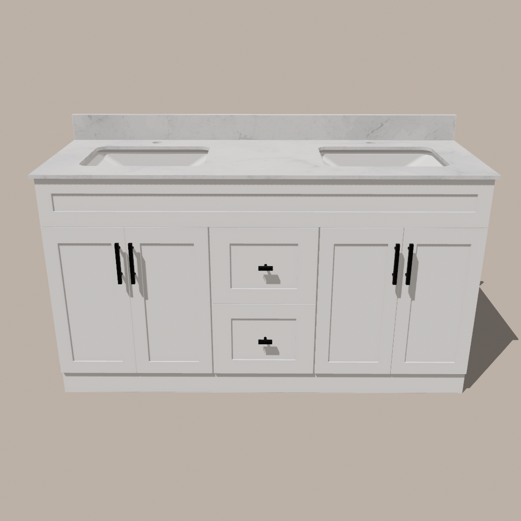60-Inch Double Sink Shaker Bathroom Vanity — White or Gray | Plywood Cabinet, Solid-Wood Doors, Soft-Close 3-Way Clip-On Hinges | Center Drawers 
