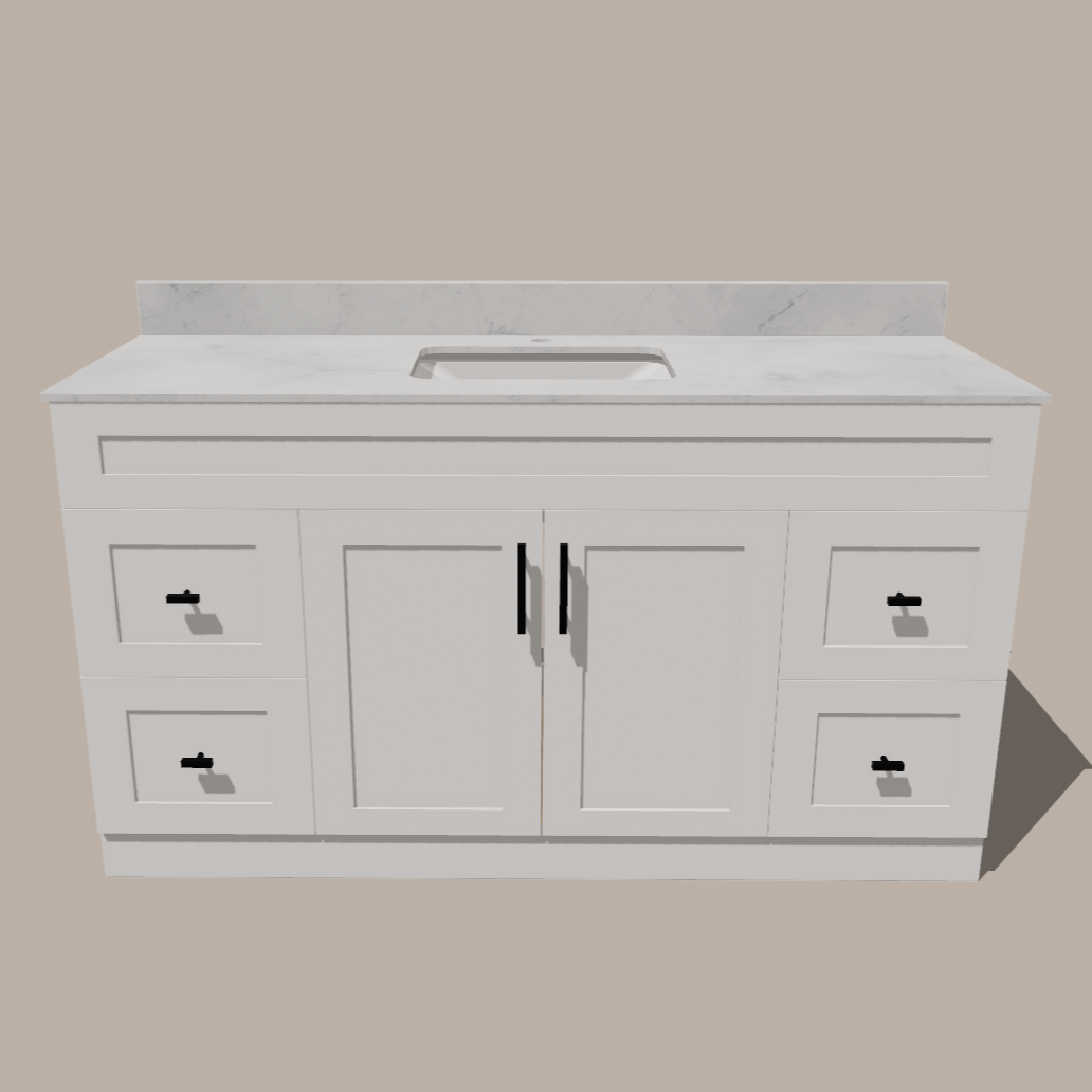 60-Inch Single Sink Shaker Bathroom Vanity — White or Gray | Plywood Cabinet, Solid-Wood Doors, Soft-Close 3-Way Clip-On Hinges | 4 Drawers, Center Double Doors 