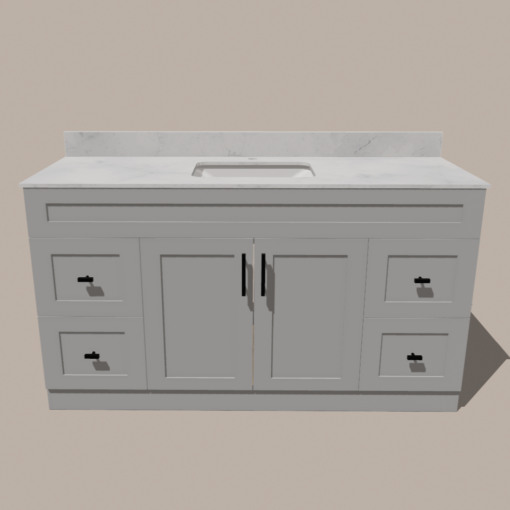 60-Inch Single Sink Shaker Bathroom Vanity — White or Gray | Plywood Cabinet, Solid-Wood Doors, Soft-Close 3-Way Clip-On Hinges | 4 Drawers, Center Double Doors 